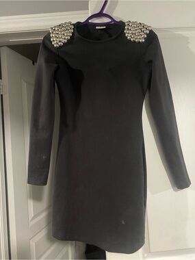 H&M Embellished Shoulder Black Long-Sleeve Mini Dress